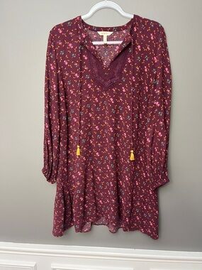 Matilda Jane Burgundy Floral Lace-Trim Tunic Dress with Tassels - Size M